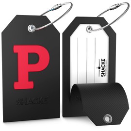 Initial Luggage Tag with Full Privacy Cover and Stainless Steel Loop (Black) (P)