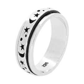 Treasure Bay Stars and Moon 6MM 925 Sterling Silver Spinner Ring Stress Relief Ring For Women and Girls Size L M N P R (N)