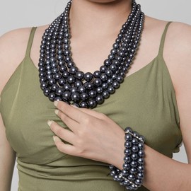 Grandxii Multi Layer Pearl Strand Costume Jewelry Sets Pearl Statement Necklace Bracelet and Earrings for Women(Black)