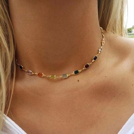 MIQIQAO Boho Golden Simple Choker Necklace Skinny Chain Choker Necklace Colourful Rhinestone Pendant Choker Necklace For Women And Girls (Brilliant)