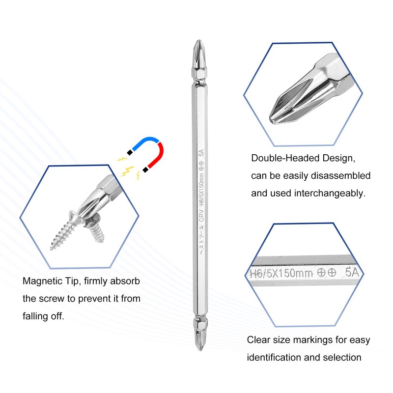 sourcing map Magnetic Double Ended Screwdriver Bit 5mm PH2 6"/150mm
