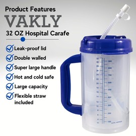Vakly Hospital Carafe Insulated Double-Walled Water Tracking Thermos – 32 oz capacity Hot and Cold Refillable Water Bottle – With Flexible Straw and Pouring/Sipping Spout (1)