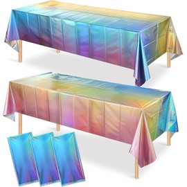 OQOQ Pastel Gradient Iridescent Tablecloth - 108x54 Inches Rainbow Plastic Table Cloth Disposable Table Cover for Birthday Baby Showers Bridal Showers Princess Theme Party Decorations (2 Packs)