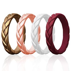 ROQ Silicone Rings for Women Multipack of 4 Womens Silicone Rubber Wedding Rings Bands Flame Leaves - Bronze, Rose Gold, White, Maroon Colors - Size 6