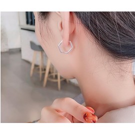 Minimalist Hexagon Geometric Chic 925 Sterling Silver Hoop Earrings for Women Men Girls Fashion Dainty Huggie Rectangle Hoops Unique Jewelry Hypoallergenic Gifts Bff Birthday Valentines Day 14mm