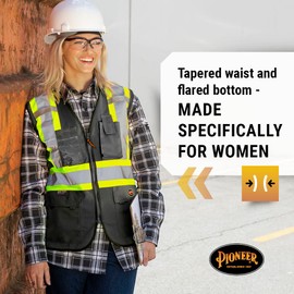Pioneer Safety Vest for Women with Pockets - Hi-Vis Reflective Tape - for Construction - Black