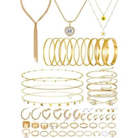 36 PCS Gold Plated Jewelry Set with 4 PCS Necklace, 11 PCS Bracelet, 7 PCS Ear Cuffs Earring, 14 Pcs Knuckle Rings for Women Girls Valentine Anniversary Birthday Friendship Gift - Color: 52pcs Fashion Gold