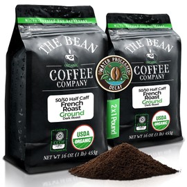 The Bean Organic Coffee Company 50/50 (Half Caff) French Roast, 50% Decaf, Dark Roast, Ground Coffee, 16-Ounce Bags (Pack of 2), Café Molido Tostado Orgánico descafeinado