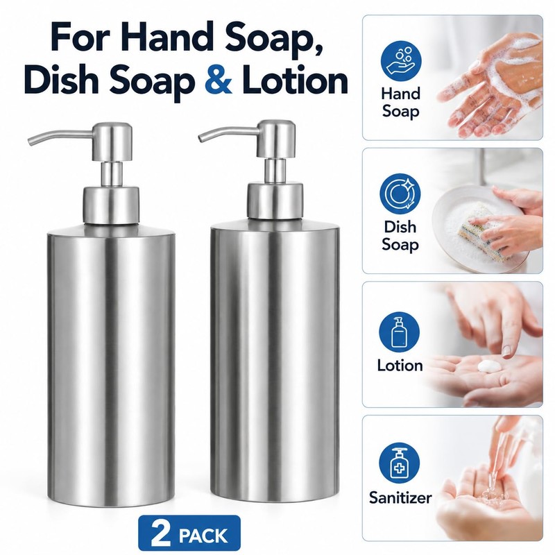 2 Pack Stainless Steel Soap Dispenser, 18.6 oz, Silver