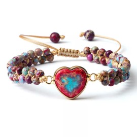 MLD Trading Adjustable 4mm Colorful Stone Bead Bracelet w/ Red Heart Charm – 17-29cm Braided