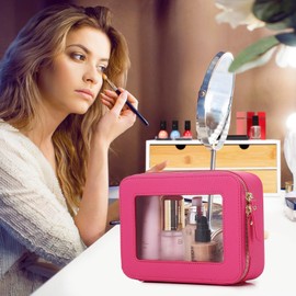 Pinkmik Clear Makeup Bag for Women Waterproof Travel Cosmetics and Toiletries Case Portable Makeup Oaganizer Bag Clear Car Bag with Zipper (X/Fuxia, M)