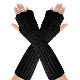 AUYAO Women Blend Knit Arm Warmer, Elbow Length Long Fingerless Gloves Mittens with Thumb Hole, Long Winter Fingerless Mitten Gloves Ladies Girls, Stretchy Knit Long Sleeve Arm Warmer, Black