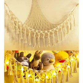 Stuffed Animal Toy Storage Hammock with LED Light - Macrame Jumbo Doll Corner Stuff Animals Organizer Decorations - Cute Hanging Plushie Net  Nursery Bedroom Room Decor Wall Boho - Color: black, Size: L (39.5"*39.5"*48")