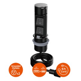 Link2Home Space Saver Pop Up Outlet, 2 Power Outlets, 2 USB Ports A/C 2.4 Amp, Splash Resistant, Overload Protection, Stainless