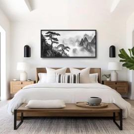 Large Mountain Framed Canvas Wall Art for Living Room Bedroom Black and White Misty Mountain Pictures Decor Nature Landscape Painting Prints Artwork Home Dining Room Office Decoration 60"x30"