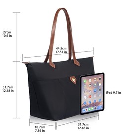 BOJLY Women's Handbag, Large Women's Nylon Shoulder Bags, Waterproof Shopper Beach Bag, Foldable Handbag for Leisure, Travel, Office, School, Shopping, Black, black