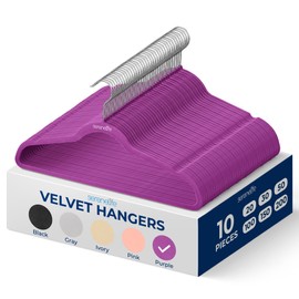 SereneLife Velvet Hangers 10 Pcs, Non Slip Heavy Duty Hanger Set with 360° Swivel Hook, Smooth Velvet Finish to Protect Fabric, Lightweight, Ultra Thin Design for Coats and Other Clothes (Purple)