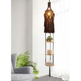 ANROYE 3-Tier Black Cotton Macrame Hanging Light Fixture Shelf, Boho Corner Pendant Lamp Shade Shelves, Farmhouse Decor for Women Bedroom