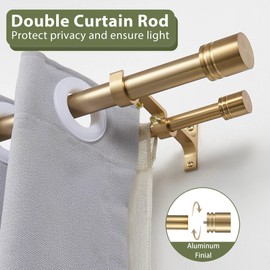Double Curtain Rods 72-144 Inches for Windows, 1 Inch Diameter Adjustable Heavy Duty Drapery Rod with Aluminum Alloy Brackets and Finials, Modern Stylish Dual Curtains Rod, Brushed Gold