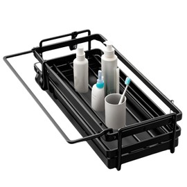 Ruioomeep Sink Organiser, Kitchen Sponge Holder, Metal Hanging Organiser for Kitchen, Bathroom, Sink Organiser with Two Hooks, Black, No Drilling