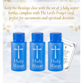 1 Ounce Holy Water Bottle - 3 Empty Holy Water Bottles Catholic Set with The Lord's Prayer Card | Blue Holy Water Container with Screw Lid for Baptism, Mass, Confirmation, Devotion | 4 Items Total