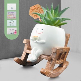 Cute Smiley Face Planter Pot, Funny Coffee Plant Pots with Thank You Card for Indoor, Unique Rocking Chair Planters for Succulents Cactus Live with Drainage Hole for Plant Coffee lover Gifts (White)