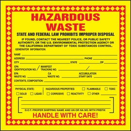 Accuform MHZWCAEVC Adhesive-Poly Vinyl (California) Hazardous Waste Label, Legend "HAZARDOUS WASTE - STATE AND FEDERAL LAW PROHIBITS IMPROPER DISPOSAL...HANDLE WITH CARE!", 6" Length x 6" Width x 2.6