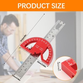 FEMONGY Protractor, Metal Protractor, Universal Combination Angle with Ruler Stop for Precise Marking, Drawing, for School, Carpenter, DIY Painting, Drawing, Marking, Red, 20 cm