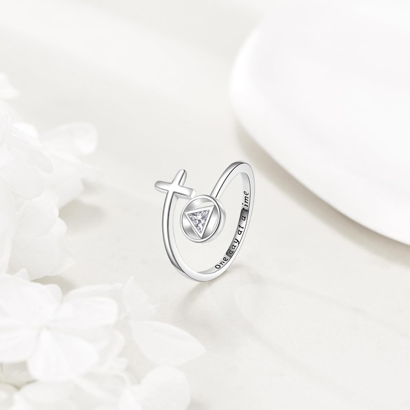 HUKKUN Alcoholics Anonymous Recovery Ring Sterling Silver Cross AA One