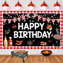 Larbful BBQ Birthday Party Decorations Large BBQ Happy Birthday Banner Red Gingham Picnic Birthday Banner Backdrop for BBQ Birthday Baby Shower Barbecue Party Supplies Yard Outdoor 70.8 x 43.3 Inch