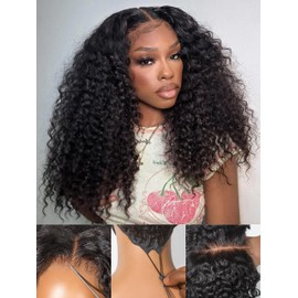 LUVME HAIR 5X5 Kinky Curly 200% Human Hair Wigs Glueless Lace Front 18 Inches Pre Cut Plucked Hd Lace Wig Ready To Go Natural Color Flexi-Fit Drawstring Cap Bleached Knots Black Wigs