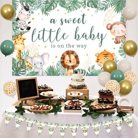 Kreatwow Safari Baby Shower Decoration Sage Green A Sweet Little Baby Is On The Way Backdrop Banner Safari Animal Triangle Flags Banner Balloons Jungle Safari Neutral Baby Shower Woodland Safari Party