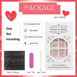 Valentine's Day Press on Nails Short, White Square Fake Nails With Heart Gold Foils Pattern Design French Tip Acrylic False Nails Cute Glossy Stick on Nails Artificial Glue on Nails For Women 24pcs