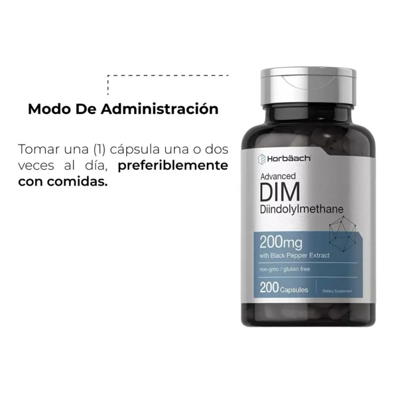Horbäach DIM Suplemento 200 mg 200 cápsulas Diindolilmetano avanzado con