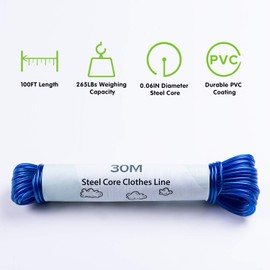 GZBtech 30 m Washing Line with Steel Core Outdoor, Sturdy Extra Strong Washing Line with a Load Capacity of 120 kg, Rustproof and Waterproof Washing Rope for Garden, Blue