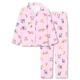 Topgal Little & Big Girls Puppy Pajamas - Lovely Pink Dog & Dachshund Print Button-Down Long Sleeves Pant PJS Size 10