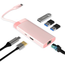 USB C Hub, USB C Adapter 6-in-1 with Gigabit RJ45 Ethernet, 3 x USB 3.0, 4K HDMI and 100W PD, Docking Station Compatible with MacBook Pro & Air USB C Laptops and Other Type C Devices, Pink