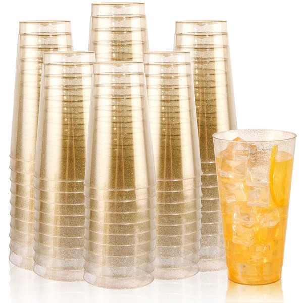bUCLA 100Pack 16oz Gold Glitter Plastic Cups - Heavy Duty Gold Disposable Cups - Reusable Clear Plastic Cups Gold Glitter Tumblers for Party, Wedding, Thanksgiving