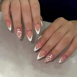 Rikview Uñas Francesas Con Punta De Almendra, Uñas Acrílicas Medianas, Uñas Blancas, Uñas Brillantes De Cobertura Total Para Mujeres, 24 Piezas Por Ju