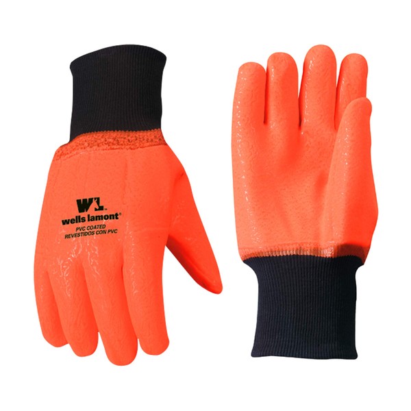 Chemical Resistant Cold Weather Work Gloves, PVC Coated, High Visibility, One Size (Wells Lamont 164) , Orange