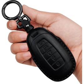 Tukellen Genuine Leather Key Fob Cover Smart Key Holder Sleeve Fit for 2020-2022 Hyundai Palisade Elantra GT Accent Kona Santa Fe Veloster (Black, 5 Button)