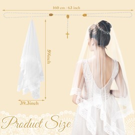 Loetere 2 Pcs Veil and Cord for Wedding Filipino Lazo Para Boda Wedding Lasso Rosary for Ceremony Catholic Mexico Bridal Gift, 39.3 x 59 inches/ 100 x 150 cm, Lace, Pearl
