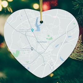 Elizabethtown Kentucky Ornament Map, City Map Heart Christmas Ornament, Retro Skyline Vintage Map Long Distance College Going Away Study Abroad Gift - MDF 2.75" White