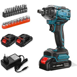300N.m Cordless Impact Wrench 21V Torque Power Impact Driver with 2.0Ah Batteries, 19 Accessories, Electric Impact Motor Variable Speeds - Colour: Red