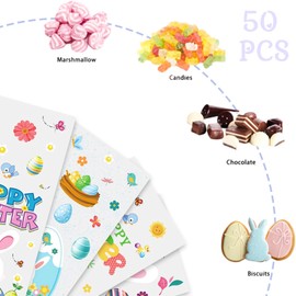 Macute Happy Easter Cellophane Treat Bags Spring Party Supplies Bunny Carrot Eggs Chick Transparent Cellophane Wrap Clear Plastic Bags for Treats 50Pcs