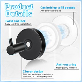 Shimeyao 6 Pack Suction Cup Hooks for Shower Stainless Steel No Drill Shower Hooks Removable Metal Towel Hanging for Wall Kitchen Glass Mirror Towels Robes Window Loofah(Straight Hook,Matte Black)