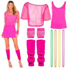 Moiuguli Women's 80s 90s Outfit, 9 Pieces, 80s Fancy Dress Costumes, Women's Mesh Top, Vest, Necklaces, Leg Warmers, Earrings, Long Mesh Gloves, 80s Accessories, 80s 90s Retro Disco Party, pink