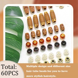 VENOFEN 60PCS Wood Hair Tube Beads Imitation Wooden Beads Acrylic Round Bead for Braids Multi Style Loc Jewelry Accessories for Women Hair Decoration