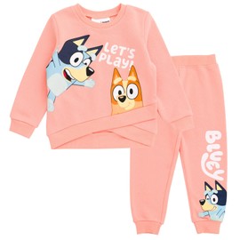 Bluey Bingo Big Girls Fleece Crossover Sweatshirt and Jogger Pants Outfit Set Coral Pink 10-12