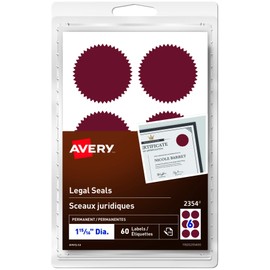 Avery Legal Seals, 1-15/16" Diameter Round, Red, 60 Label Seals for Legal or Certificate(2354)
